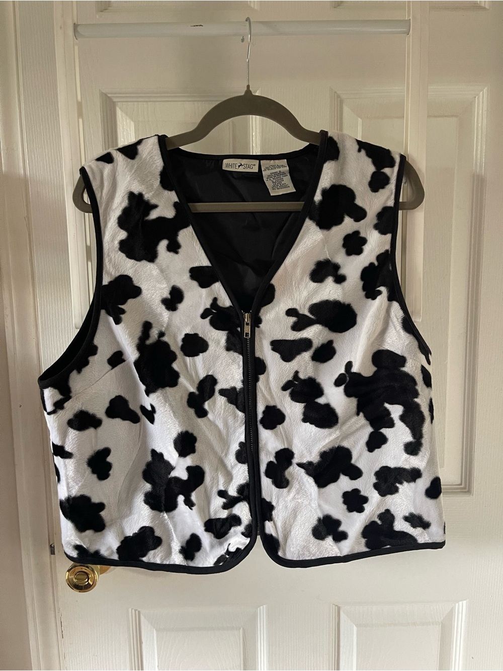 Vtg White Stag White Cow Print Zip Up Vest Faux Fur Plush Animal Print Large